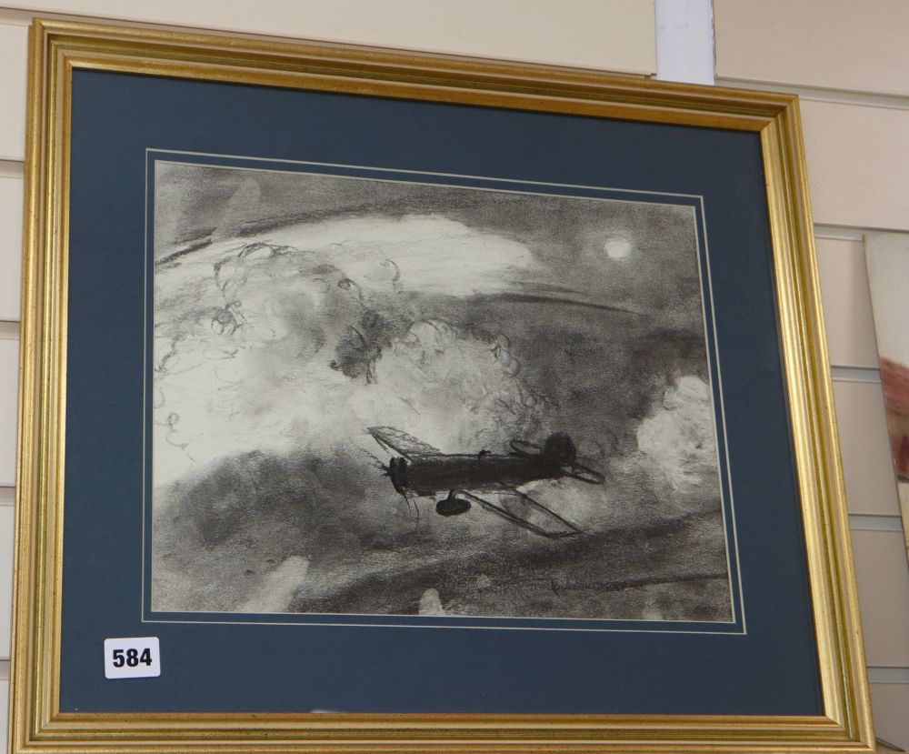 Douglas Ettridge (1927-2009), charcoal, Monoplane in flight, Studio stamped, 28 x 36cm